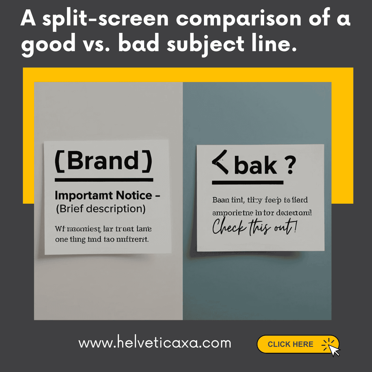 A split-screen comparison of a good vs. bad subject line.